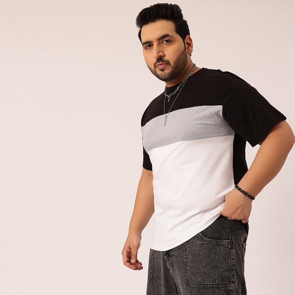 Black Grey White Color Block T-shirt in Black Grey White