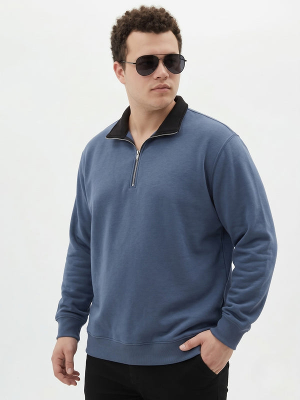 Contrast Collar Quarter Zip Sweatshirt in Denim Blue