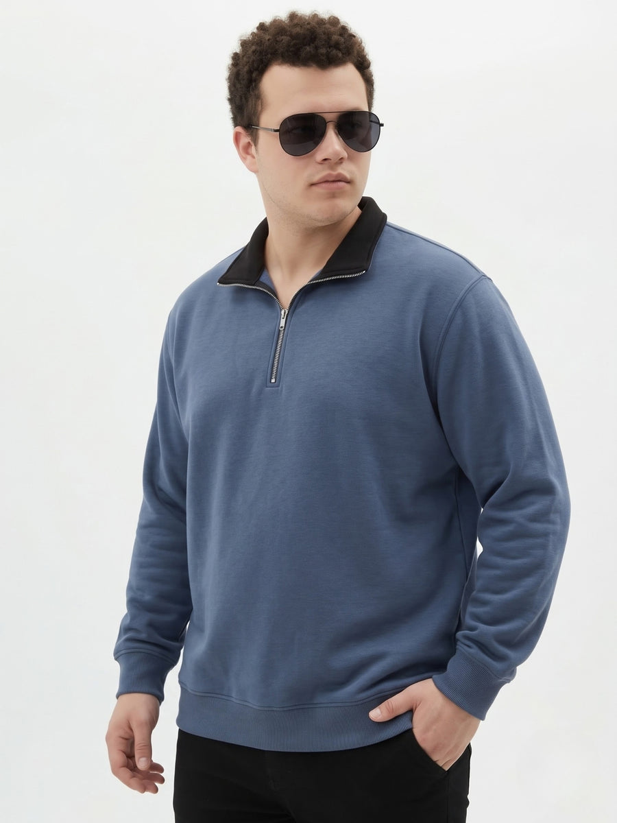 Contrast Collar Quarter Zip Plus Size Sweatshirt
