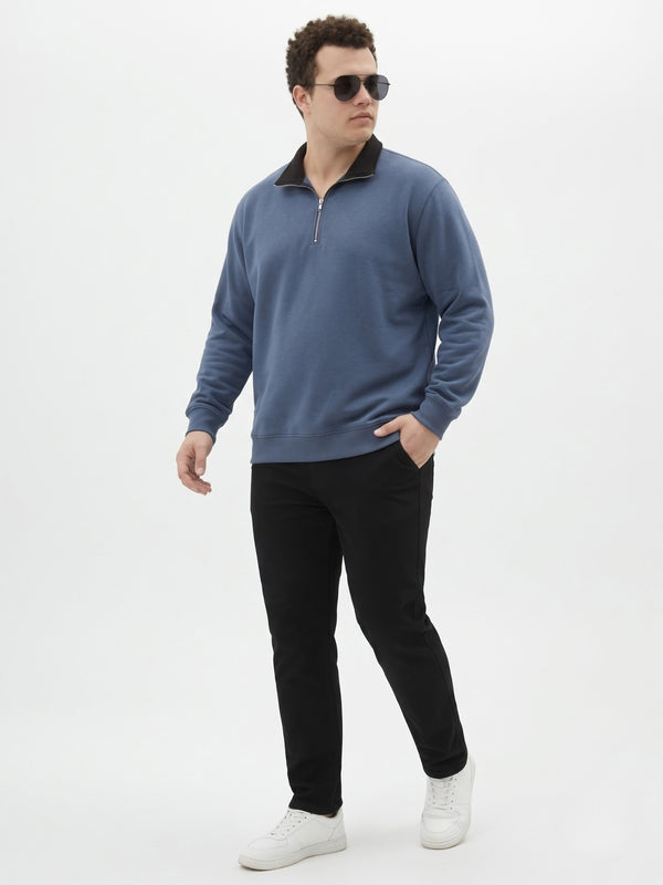 Contrast Collar Quarter Zip Sweatshirt in Denim Blue