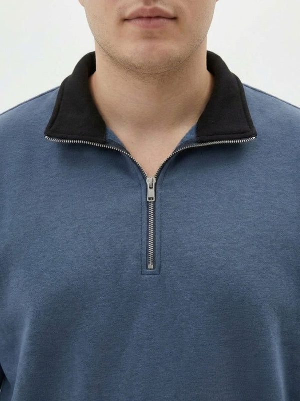Contrast Collar Quarter Zip Sweatshirt in Denim Blue