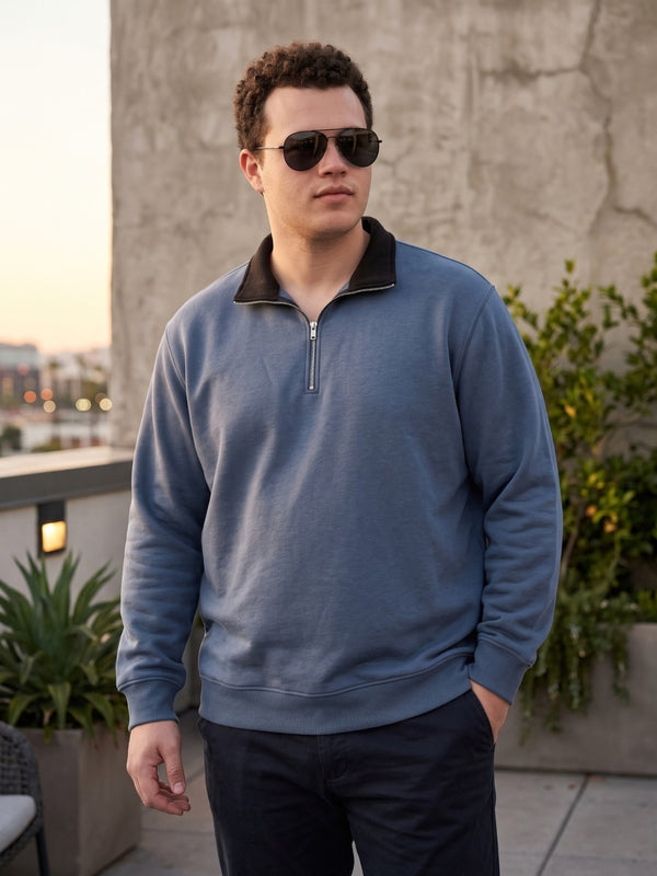 Contrast Collar Quarter Zip Sweatshirt in Denim Blue