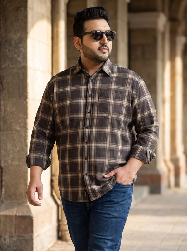Checked Full Sleeve Cotton Shirt in Coffee