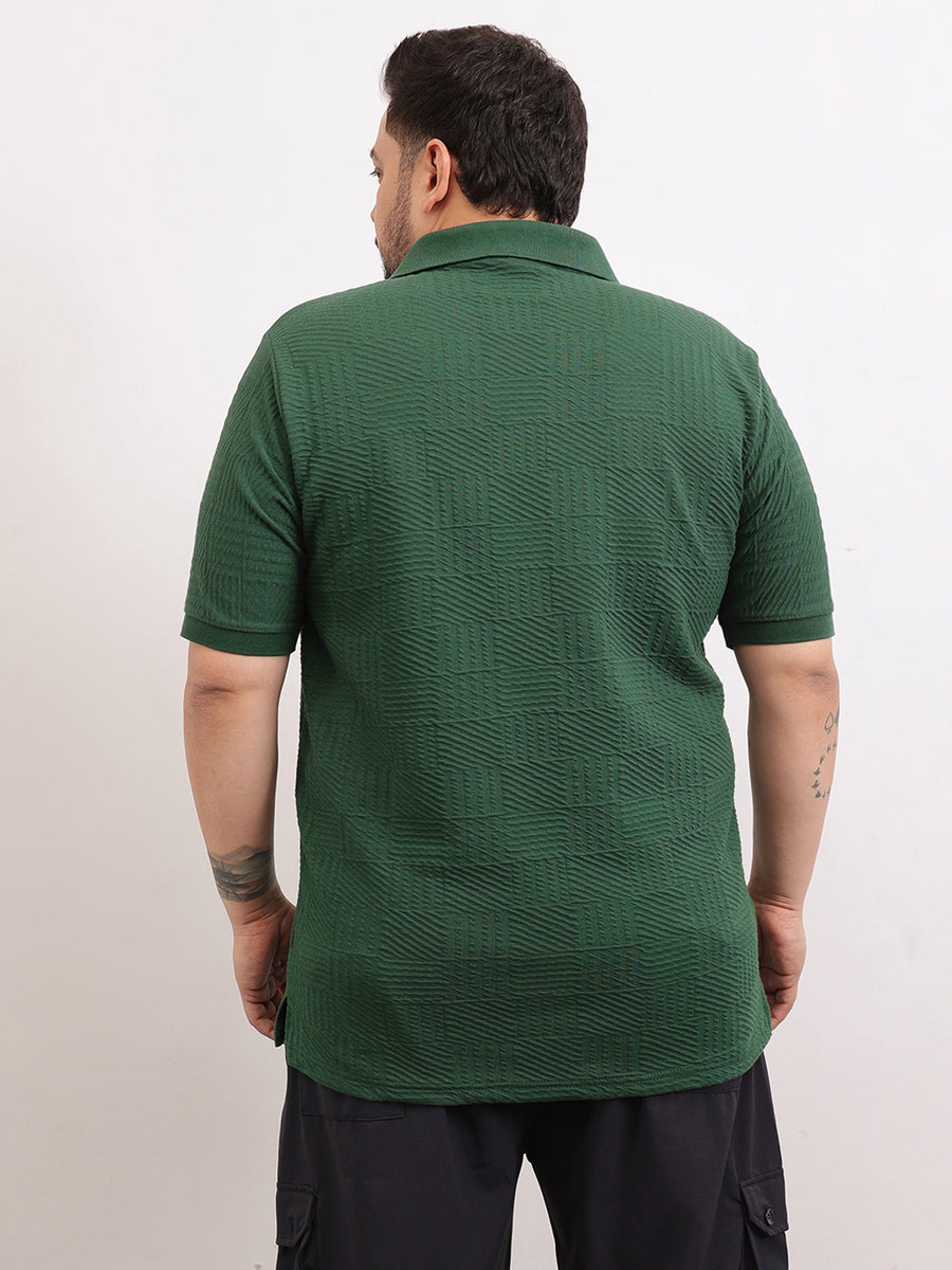 Check Box Knit Textured Zipper Plus Size Polo
