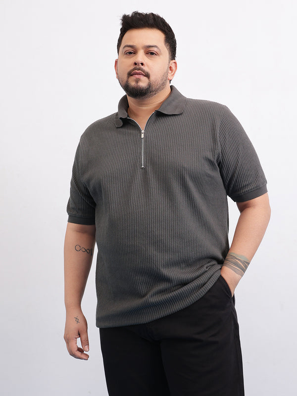 Interlock Zipper Knitted Polo T-shirt in Dark Grey