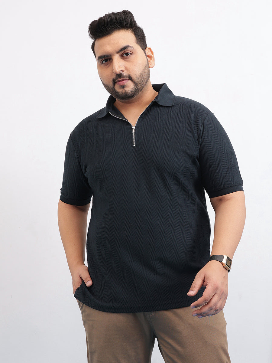 Textured Premium  Zipper Knitted Polo T-shirt