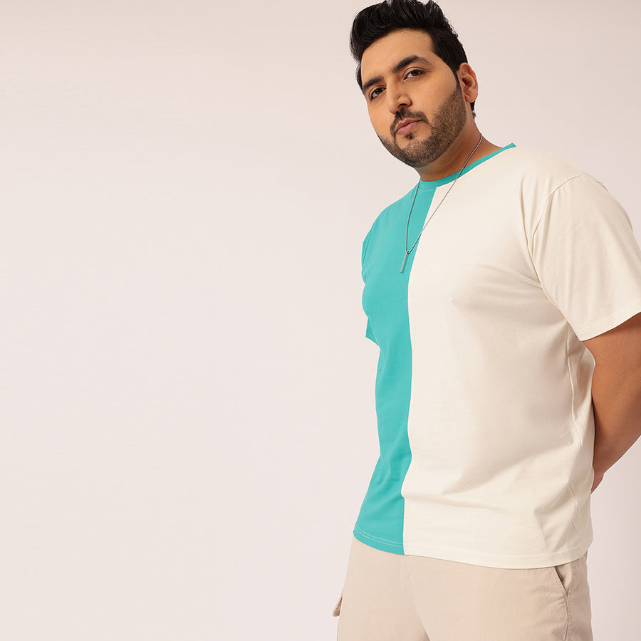 Dark Turquoise Off White Color Block T-shirt