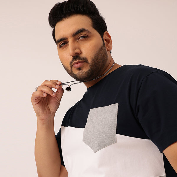 Navy White Grey Color Block T-shirt in Navy White Grey