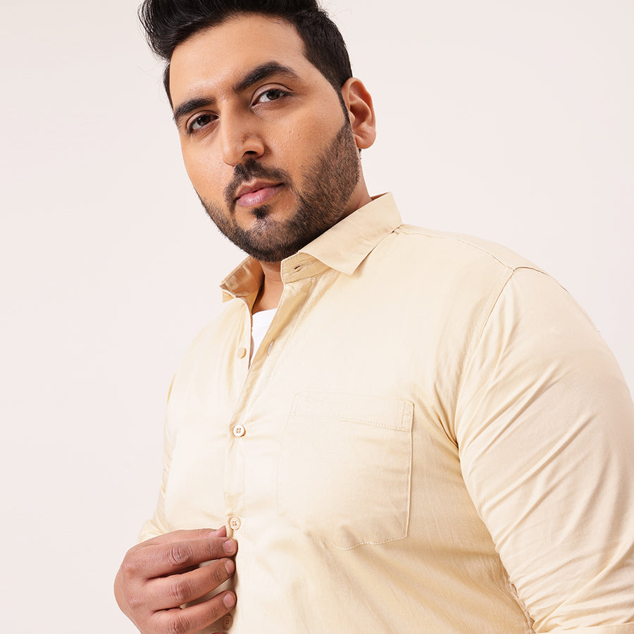 Beige Solid Cotton Plus Size Shirt