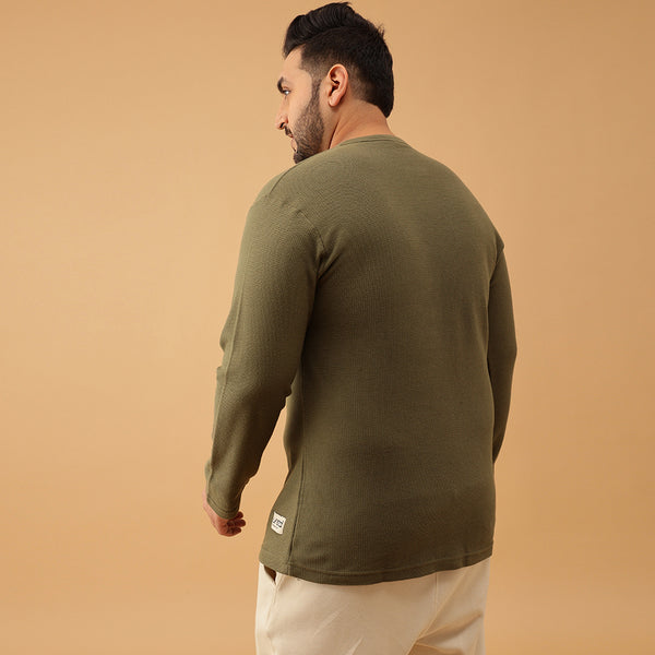 Henley Textured Premium Full Sleeve Tee in Light Olive Green