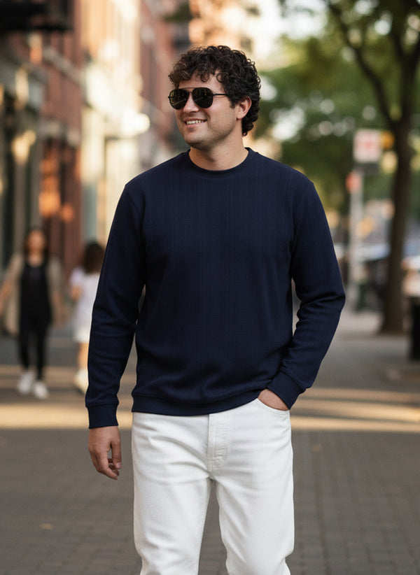 Textured Jacquard Full Sleeve T-shirt in Navy Blue