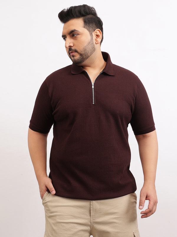 Interlock Zipper Knitted Polo T-shirt in Wine