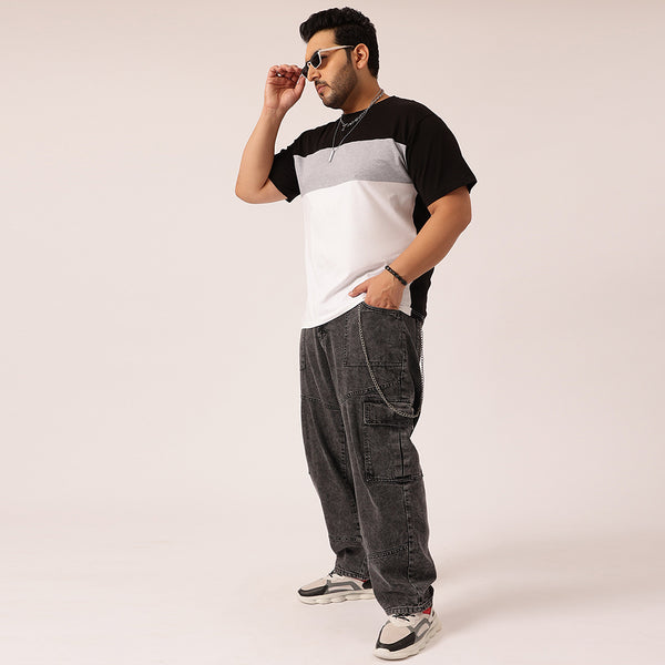 Black Grey White Color Block T-shirt in Black Grey White