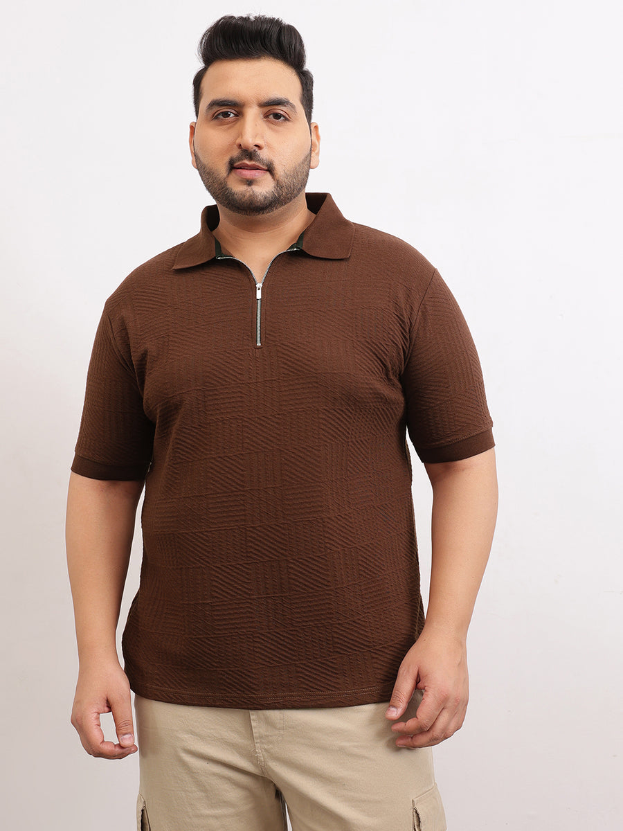 Check Box Knit Textured Zipper Plus Size Polo