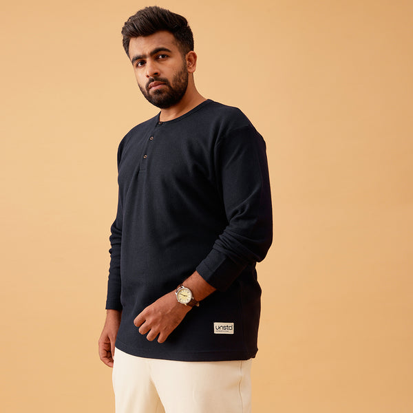 Henley Textured Premium Full Sleeve Tee in Navy Blue