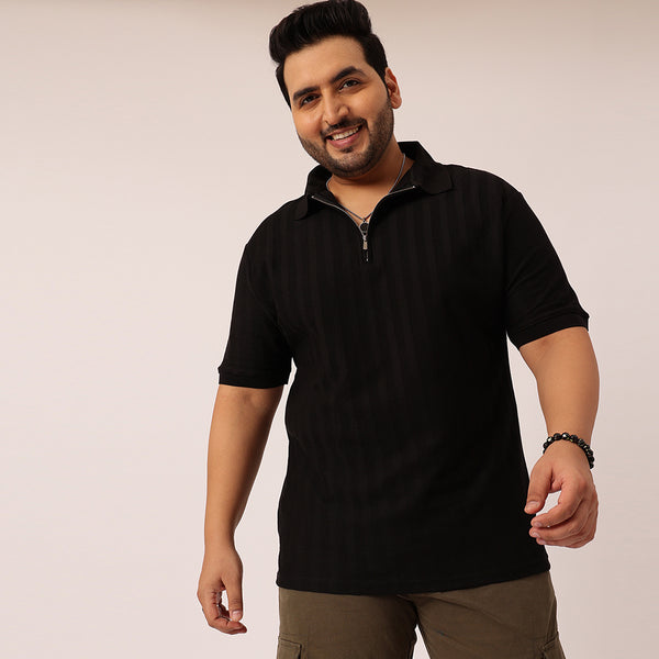 Textured Premium Zipper Knitted Polo T-shirt in Black