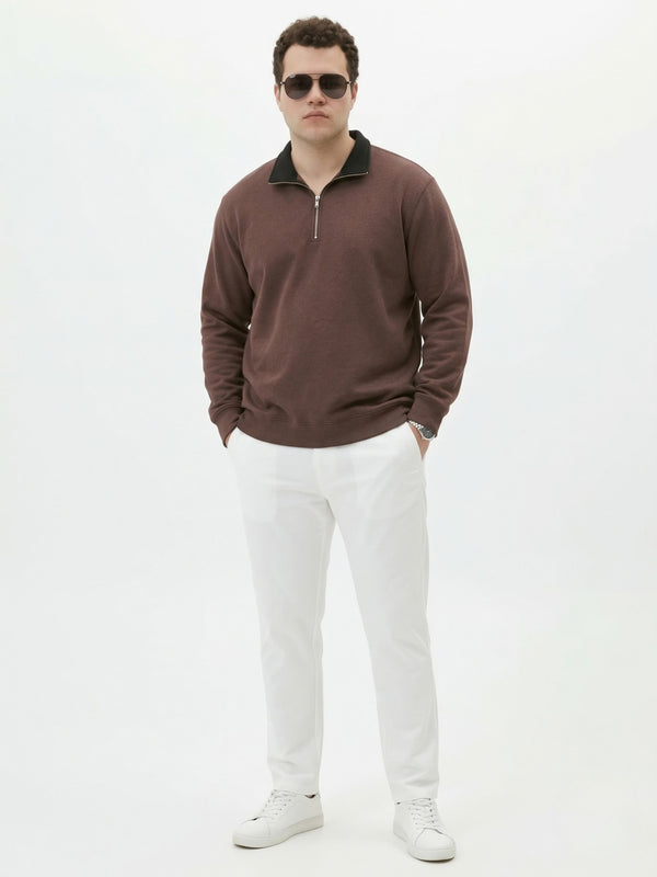 Contrast Collar Quarter Zip Sweatshirt in Brown