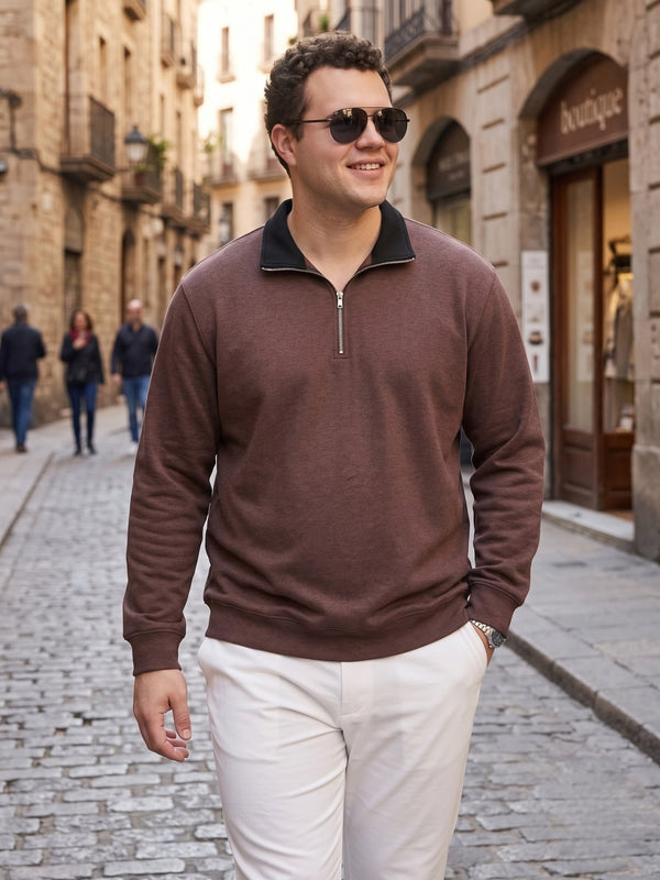 Contrast Collar Quarter Zip Sweatshirt in Brown