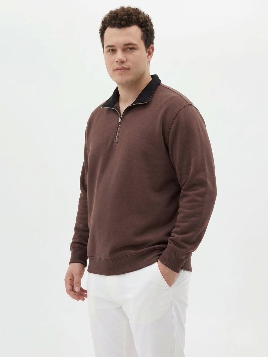 Contrast Collar Quarter Zip Plus Size Sweatshirt