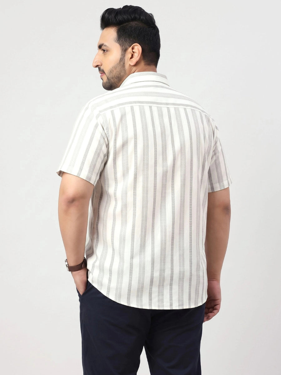Plus Size Off White Textured Striped Half Sleeve Shirt