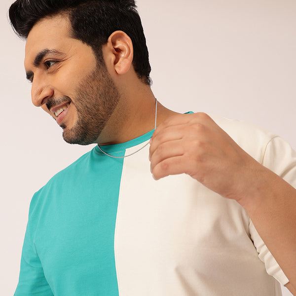 Dark Turquoise Off White Color Block T-shirt in Dark Turquoise White