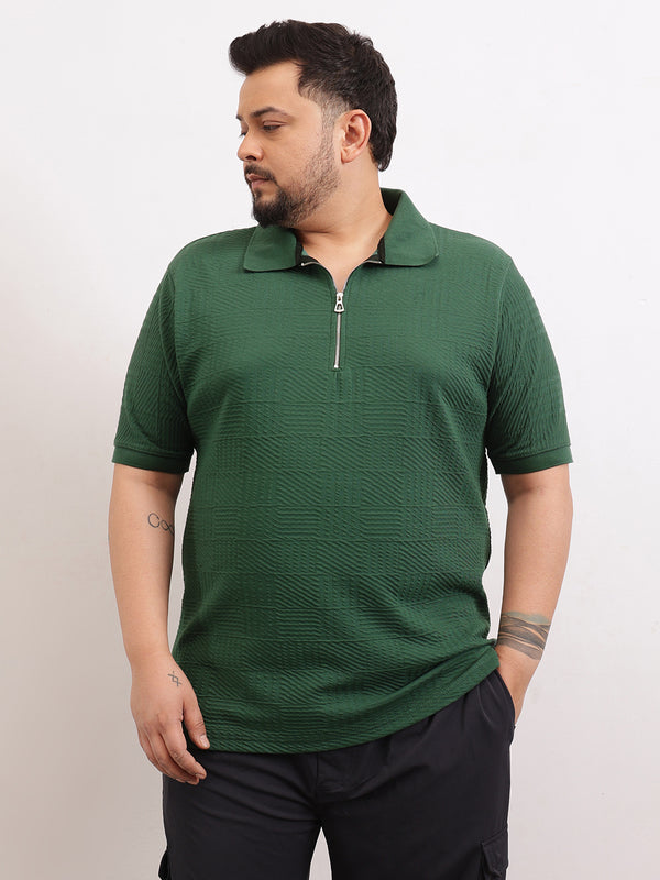 Check Box Knit Textured Zipper Polo in Dark Green