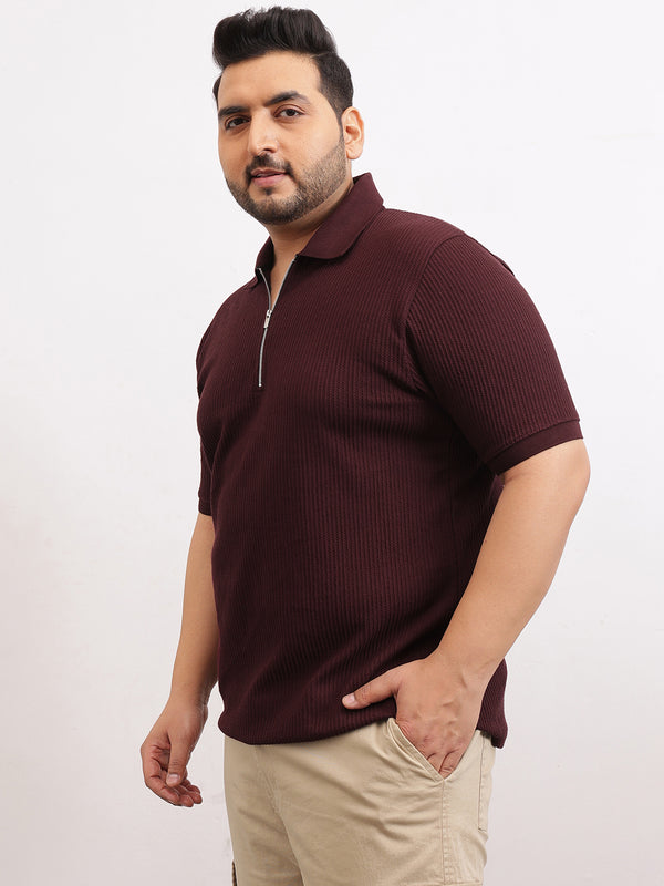 Interlock Zipper Knitted Polo T-shirt in Wine
