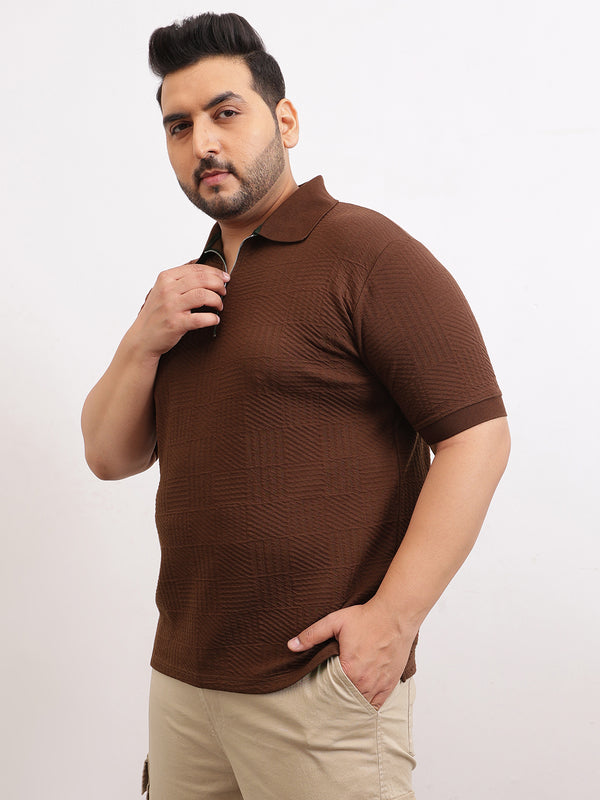 Check Box Knit Textured Zipper Polo in Brown