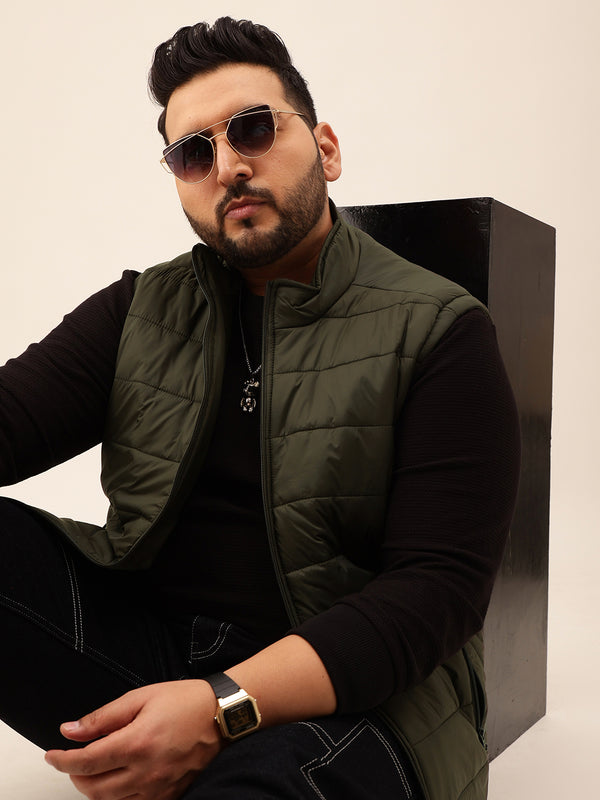 Half Sleeve Puffer Jacket in olive green