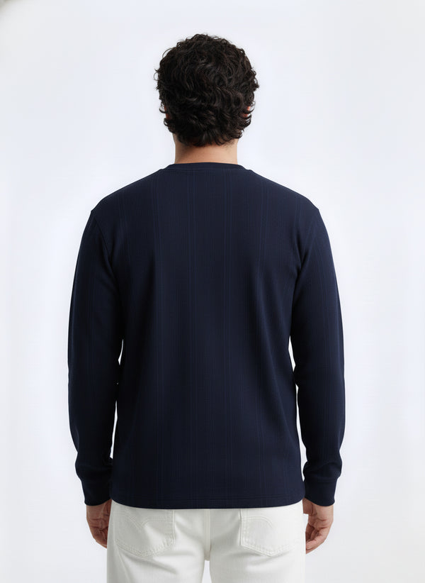 Textured Jacquard Full Sleeve T-shirt in Navy Blue