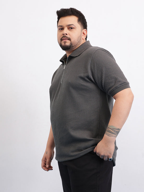 Interlock Zipper Knitted Polo T-shirt in Dark Grey