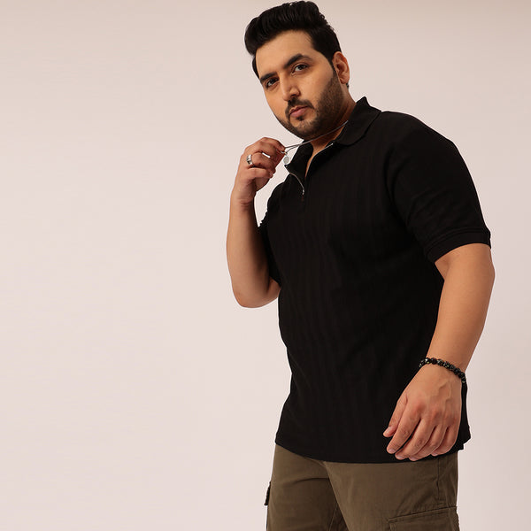 Textured Premium Zipper Knitted Polo T-shirt in Black