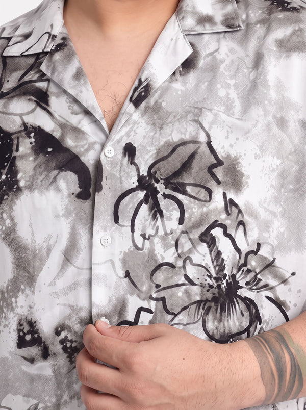 Cuban Collar Printed Shirt in White