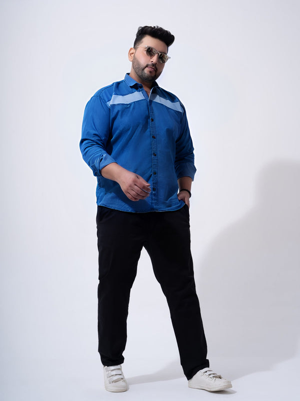 Vintage Colour Block Denim Cotton Shirt in Dark Blue
