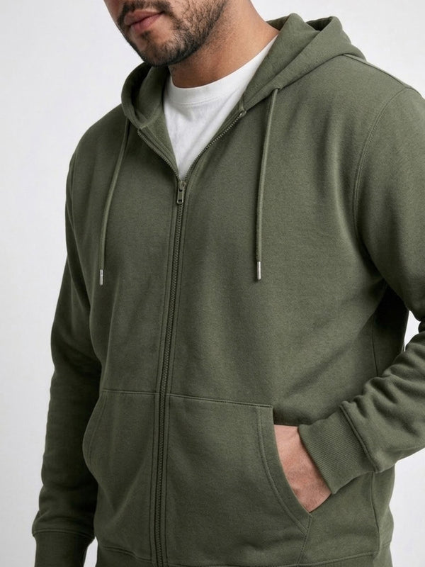 Solid Zipper Hoodie in Olive Green