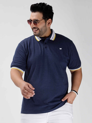 Seamless Stitch Navy Blue Melange Plus Size Polo T-shirt