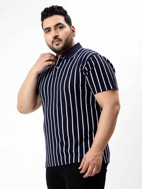 Navy Blue Striped Premium Polo T-shirt in Navy Blue