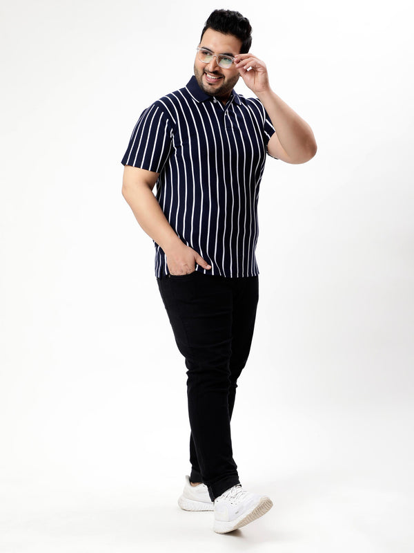 Navy Blue Striped Premium Polo T-shirt in Navy Blue
