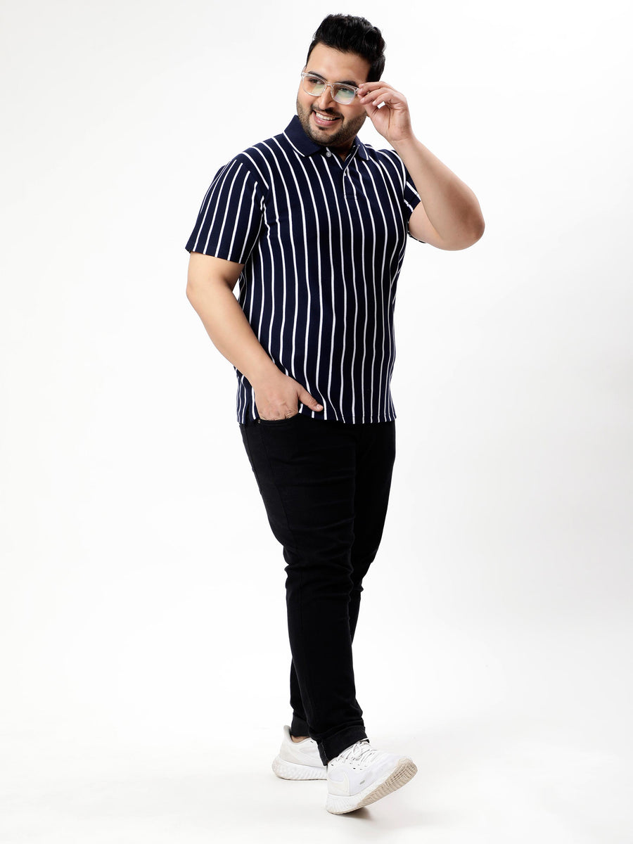 Navy Blue Striped Premium Polo T-shirt
