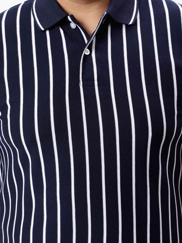 Navy Blue Striped Premium Polo T-shirt in Navy Blue