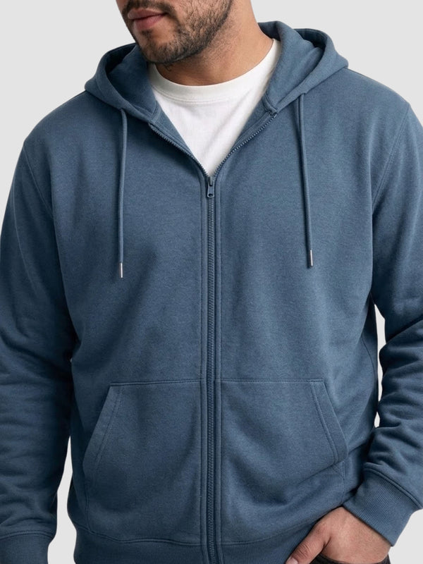 Solid Zipper Hoodie in Denim Blue