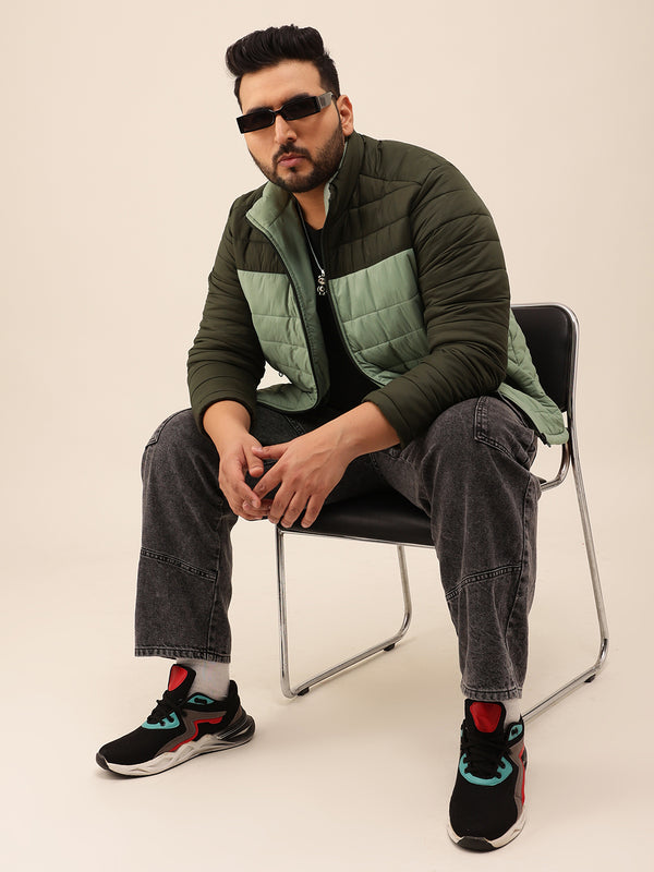 Colourblock Full Sleeves Puffer Jacket in Sage Green Olive Green