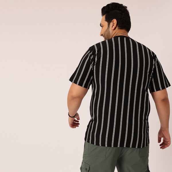 Black white Stripe Premium Round Neck T-shirt in Black