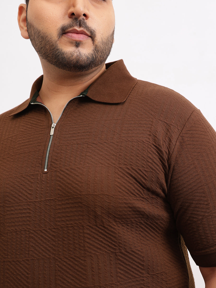 Check Box Knit Textured Zipper Plus Size Polo