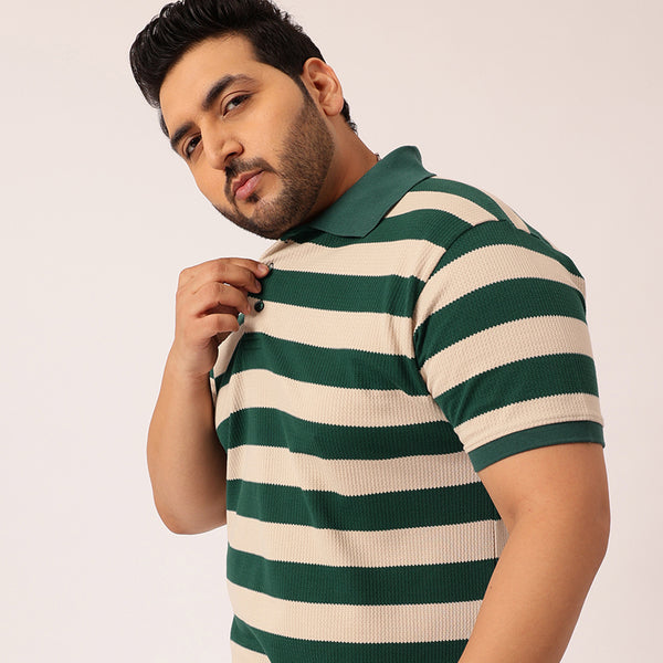 Green ButterCream Waffle Knitted Polo T-shirt in Green
