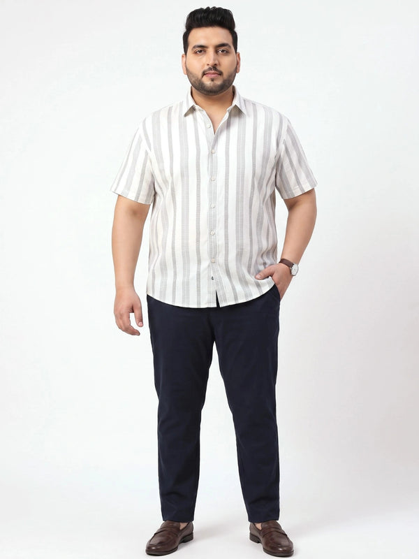 Off White Textured Striped Half Sleeve Shirt in Off White