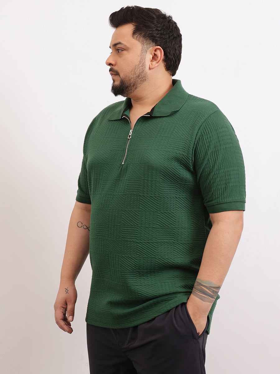 Check Box Knit Textured Zipper Plus Size Polo