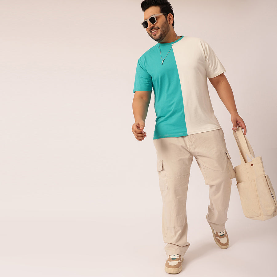 Dark Turquoise Off White Color Block T-shirt