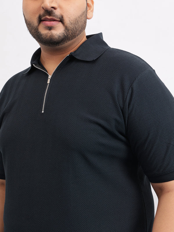 Textured Premium Zipper Knitted Polo T-shirt in Navy Blue