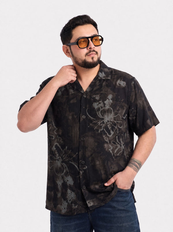 Cuban Collar Printed Shirt in Black